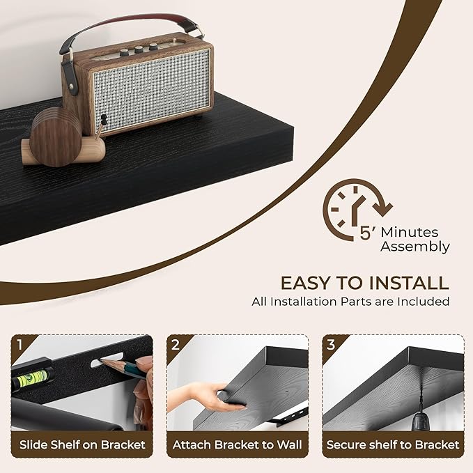 RICHFOCUS 31.5Inch Floating Shelves for Wall 2 Pack Shelves for Bedroom|Kitchen|Bathroom Wall Mounted Rustic Wood Floating Shelf with Invisible Brackets for Books|Storage|Decor, Black-Ruum Studio Home