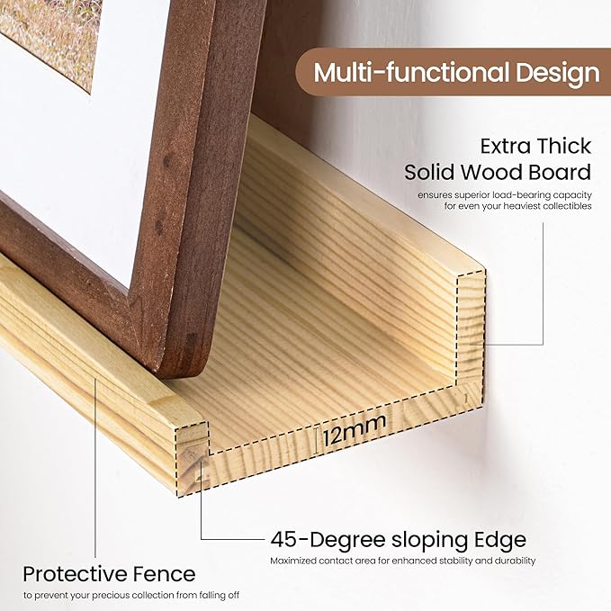 Picture Ledge Shelf, Solid Pine Wood Floating Shelves Set of 4, 16 Inches Nursery Book Shelves for Toys Storage, Kids Bookshelf Wall Mounted for Living Room Decor Photo Frames, Unfinished Natural-Ruum Studio Home