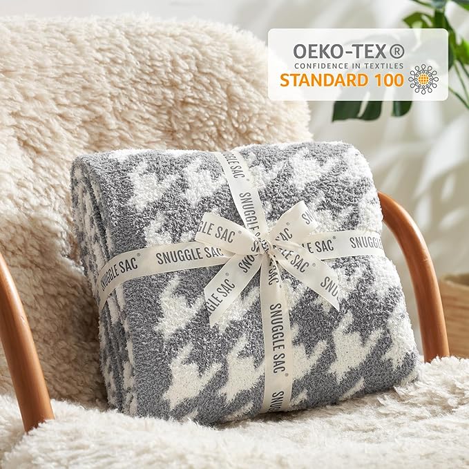 Snuggle Sac Houndstooth Throw Blanket for Couch, Reversible Super Soft Warm Blankets Cozy Knit Fuzzy Plush Lightweight Throws for Sofa, Bed, Camping, Grey,50x60 inches-Ruum Studio Home