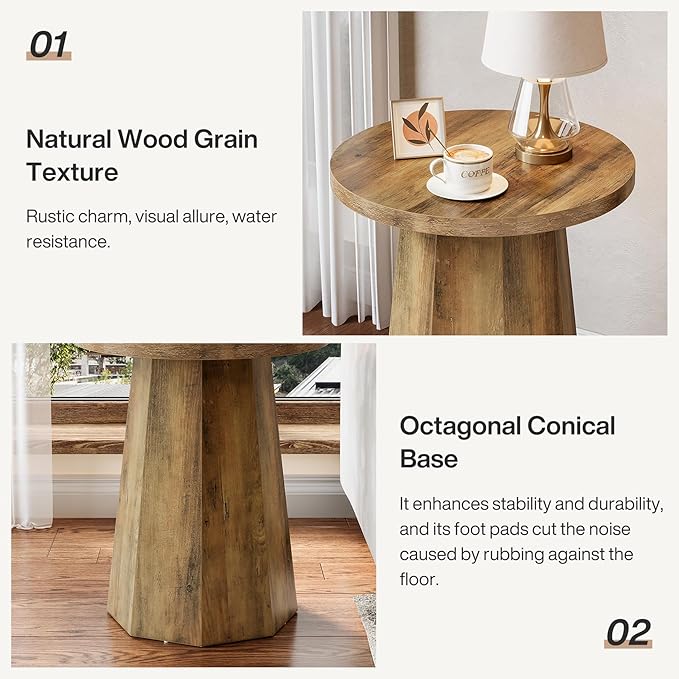 Tribesigns Round Pedestal End Table, Farmhouse Couch Side Table with Octagonal Base, Nightstand Accent Wooden Drink Stand (2, Rustic Brown)-Ruum Studio Home