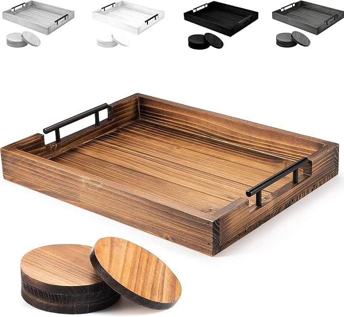 Ottoman Tray | Decorative Coffee Table Tray with Handles - Wooden, 17x13 Inch - Includes 4 Coasters - Ideal for Ottoman, Breakfast-Ruum Studio Home