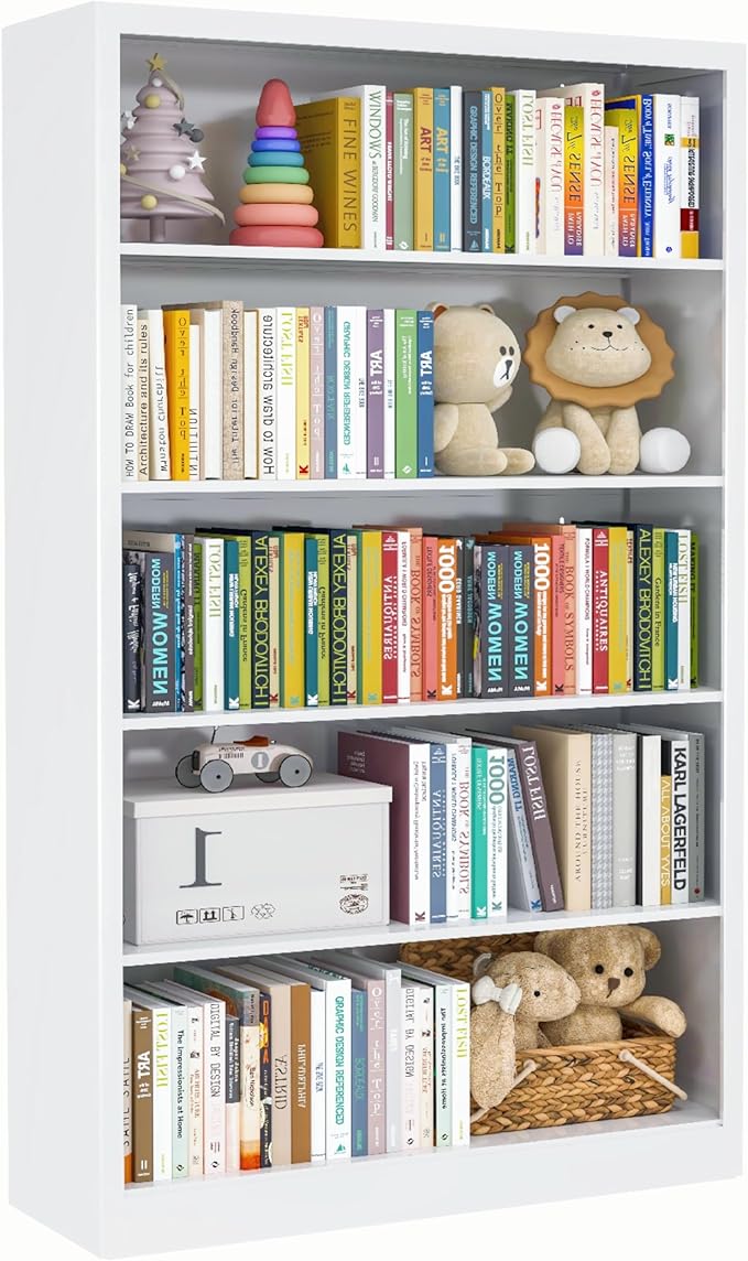 White Bookshelf, 55” Adjustable Tall Metal Bookshelf, 5-Tier Wide Bookshelf with Anti-Tilt Device, Modern Book Cases and Book Shelves for Bedroom, Living Room, Playroom, Study-Ruum Studio Home