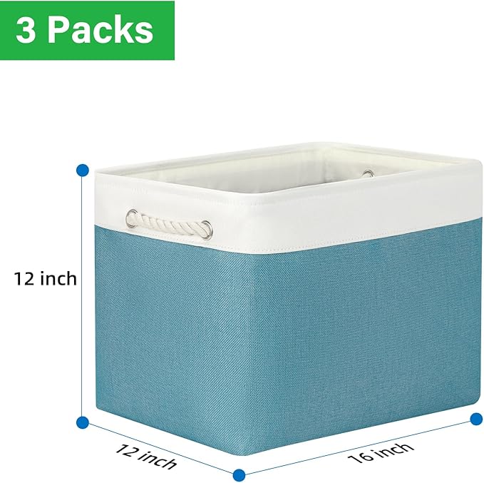 Bidtakay Large Storage Baskets for Shelves 3 Pack 16x11.8x11.8 Inch Storage Bins for Organizing Fabric Storage Cubes for Closet Clothes Basket Laundry-White&Teal-Ruum Studio Home