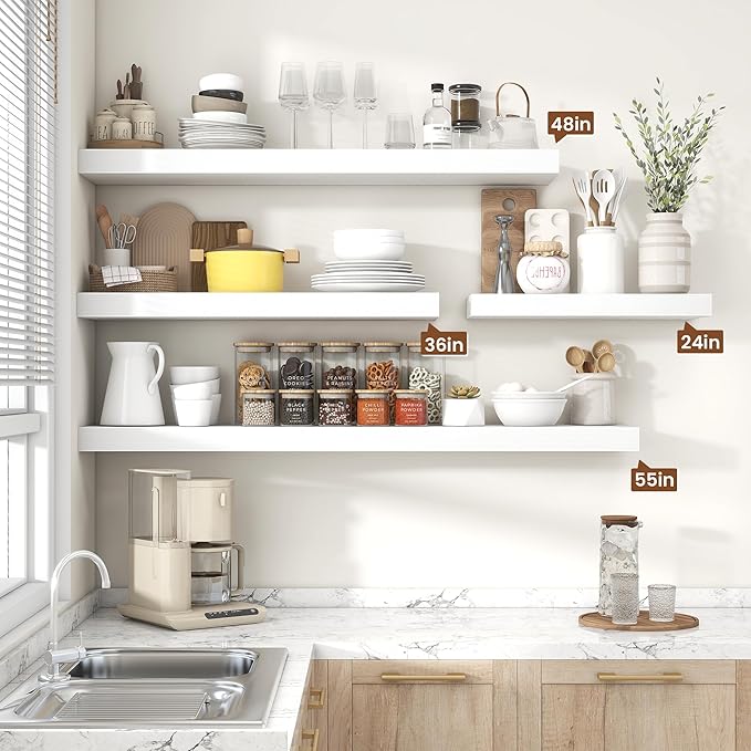Heimlove 48" White Floating Shelves for Wall,10 Deep Rustic Wood Display & Storage Wall Shelves with Heavy Duty Brackets for Bathroom,Bedroom,Kitchen,Living Room,Office-Ruum Studio Home