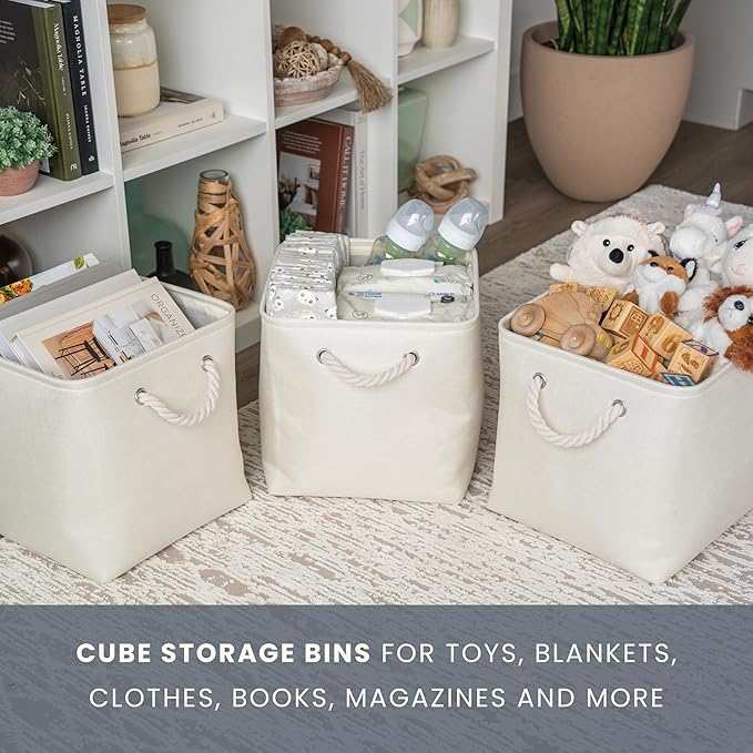 OrganiHaus 11x11 Cube Storage Bins 4 Pack, Foldable Cube Storage Organizer w/ Rope Handles, Collapsible Fabric Bins for Toys, Clothes & Closet Organization, Fabric Square Baskets - Off-White-Ruum Studio Home