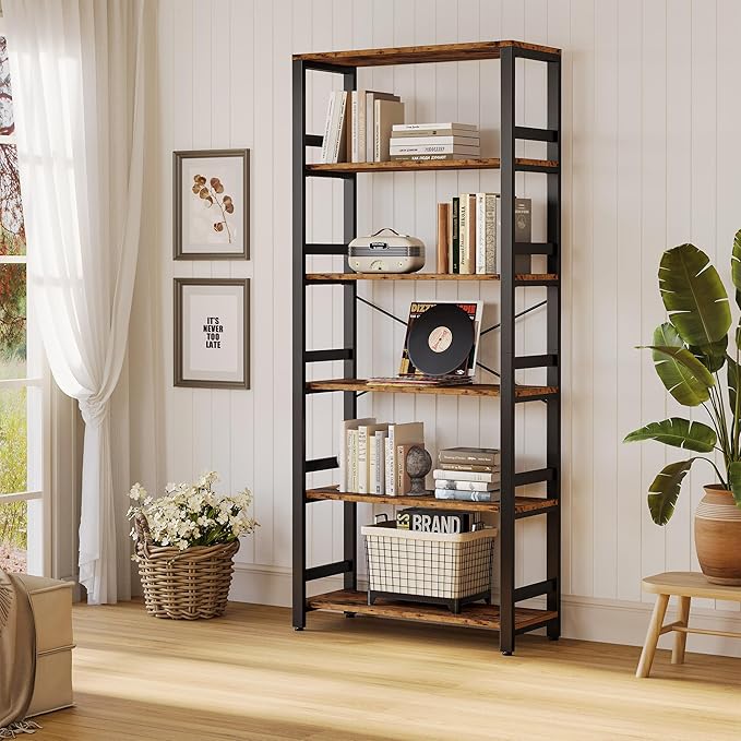 IRONCK Bookshelf, 31.5in Wide Shelf 6 Tier Bookcase, 110lbs/shelf Vintage Industrial Style Bookshelves for Bedroom, Living Room and Home Office, Vintage Brown-Ruum Studio Home