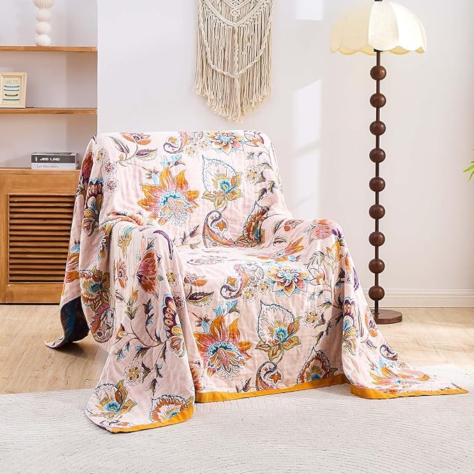 Boho Throw Blanket for Bed, 100% Cotton Soft Rustic Quilt Fall Blanket, 90"x98" Floral Printed Farmhouse Decor Bed Blankets, All Season Rustic Reversible Bohemian Throw Quilt-Ruum Studio Home