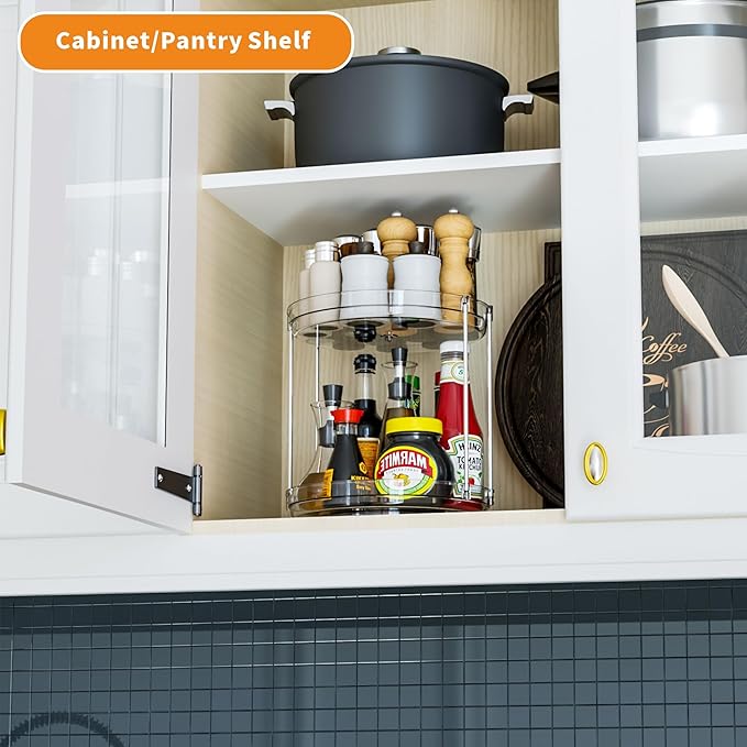 2 Tier Lazy Susan Turntable for Cabinet,Countertop,Pantry,9.5"W Spinning Seasoning Organizer,Double Rotating Kitchen Spice Rack Organizer and Condiments,Medicine,Vitamin Bottle Organizer Carousels,2Pc-Ruum Studio Home