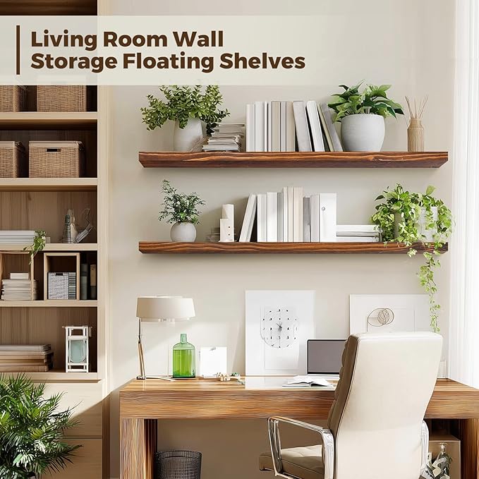Floating Wall Shelves 2-Pack - 36-Inch Rustic Brown Wooden Shelves for Storage and Décor, Easy Installation for Living Room, Bedroom, and Kitchen-Ruum Studio Home