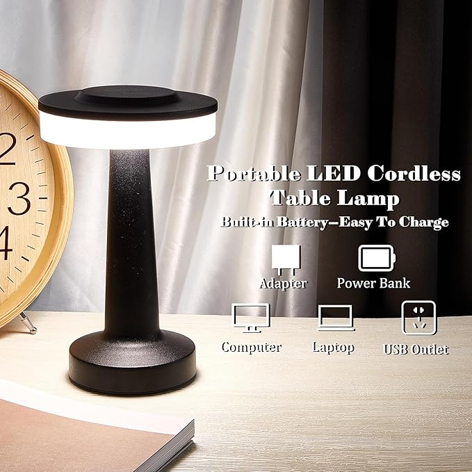 VIHOSE Set of 8 LED Portable Cordless Table Lamp with Touch Sensor 3 Color Stepless Dimming Rechargeable Battery up to 15 Hours Cordless Table Light Wireless Lamp for Nursery(Black)-Ruum Studio Home