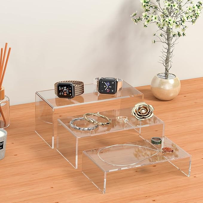 Clear Riser Shelf 3pcs, Desktop Rectangular Acrylic Display Shelves Organizer, Acrylic Stands for Funko Pop Figure, Perfumes, Bags, Shoes, Glasses, Plants, Toys, Collectibles - 8''x8.5''x9''-Ruum Studio Home
