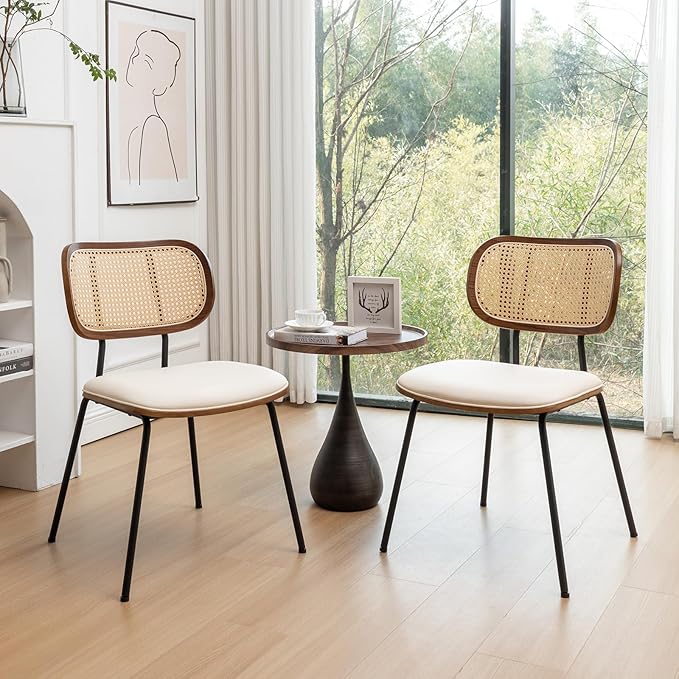 Rattan Dining Chairs Set of 4, Mid Century Modern Dining Chairs with Cane Back for Kitchen Dining Room, 19 Inch Faux Leather Beige-Ruum Studio Home
