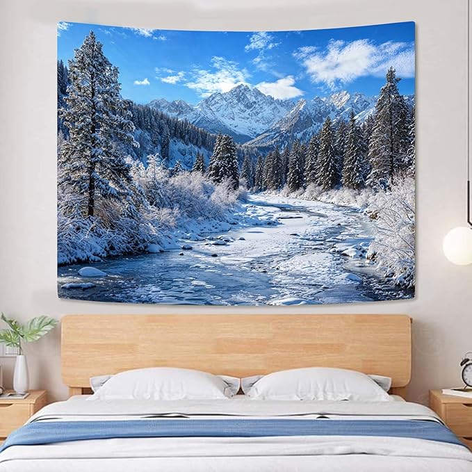 AMM Winter Forest Snow Mountain Tapestry Snowy Pine Tree Woodland Tapestry for Bedroom Aesthetic White Clouds Flowing River Landscape Tapestries Wall Hanging for Living Room Dorm Office 60 x 44 Inch-Ruum Studio Home