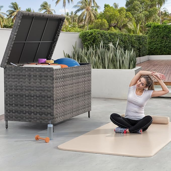 YITAHOME 230 Gal Outdoor Storage Box, XXL All-Weather Wicker Deck Box for Patio Furniture, Cushions, Pool Accessories and Garden Tools - Grey-Ruum Studio Home