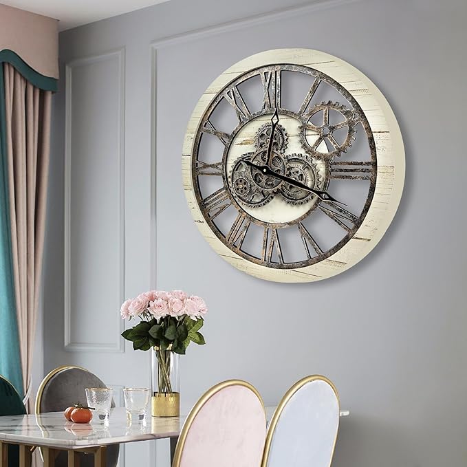 The B-Style Large Wall Clock 24 inch Moving Gear Wall Clock Oversized Vintage Farmhouse Wall Clocks for Living Room Decor Rustic Industrial Wood Clock (Desert Beige, 24 inch/60cm)-Ruum Studio Home