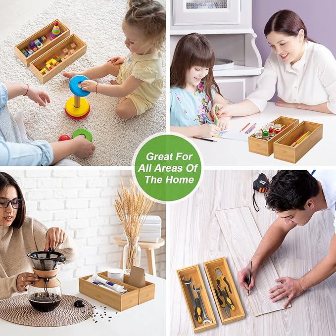Bamboo Drawer Organizer – Set of 2 Stackable Storage Boxes, Silverware Tray & Small Gadget Holder for Kitchen Drawers, 9" x 3" x 2" (Outer), 8.3" x 2.3" x 1.77" (Inner)-Ruum Studio Home