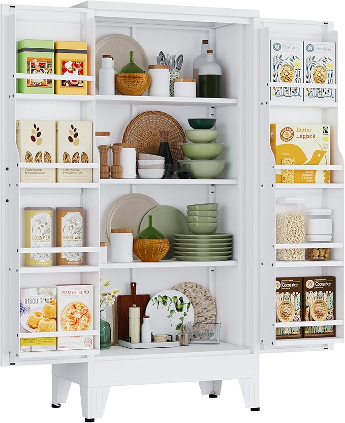 51" H Metal Kitchen Pantry Storage Cabinet, Freestanding Cupboard Storage Cabinet with Doors and Adjustable Shelves, Large Stand Up Food Cupboard for Living Room, Dinning Room, White-Ruum Studio Home