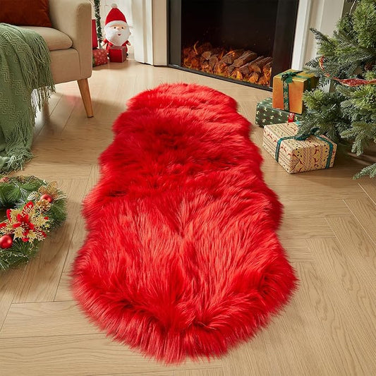 AMTOVO Faux Sheepskin Rug, Red Ultra Soft Fluffy Shag Area Rug, 2 x 6 ft Faux Fur Rug for Bedroom Sofa Throw Cushion Room Decor, Sheepskin-Ruum Studio Home
