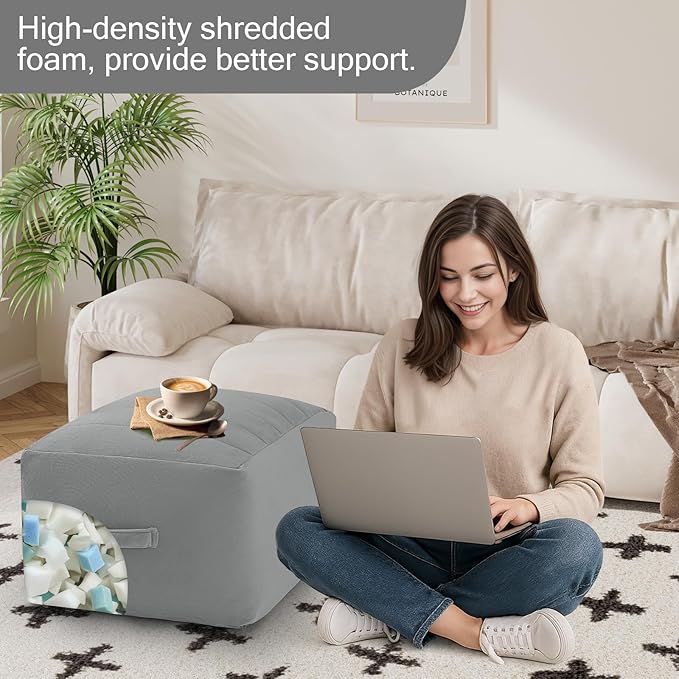 MeMoreCool Square Stuffed Pouf Ottoman Foot Rest, Floor Pouf Foot Stool with Foam Chunk Filling, Soft Stuffed Ottoman Footrest for Living Room, Light Grey-Ruum Studio Home