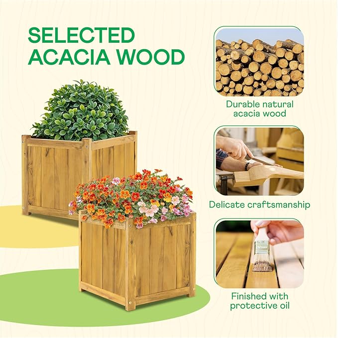 IDZO Set of 2 Acacia Wood Flower Planters for Outdoor Plants, Ergonomic Handles, Drainage Holes, Various Sizes, Ideal for Home Décor, Golden Teak-Ruum Studio Home
