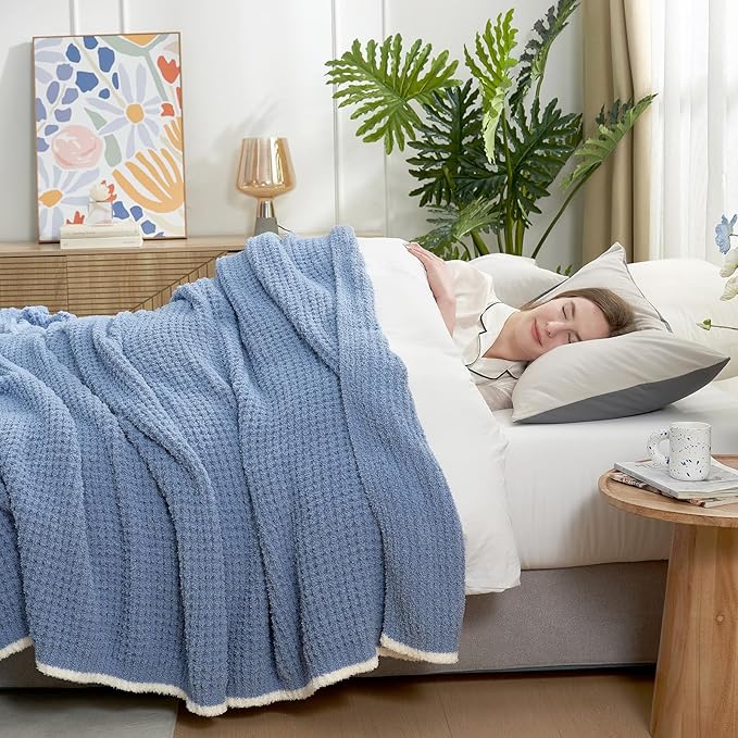 Snuggle Sac Blue Waffle Bedding Blankets Queen Size 90x90 inches, Reversible Microfiber Fluffy Fuzzy Soft Throw Cozy Knit Blanket for Women Mothers Birthday Gifts-Ruum Studio Home