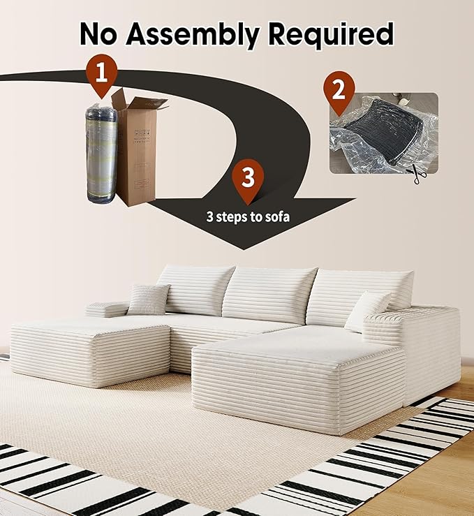 108" Sectional Couches for Living Room Modern Modular Sofa with L-Shape Couchs Upholstered Boneless Couch Deep Seat Sectional Couch with Chaise (White, Right Facing Chaise+2Seaters+1Ottoman)-Ruum Studio Home