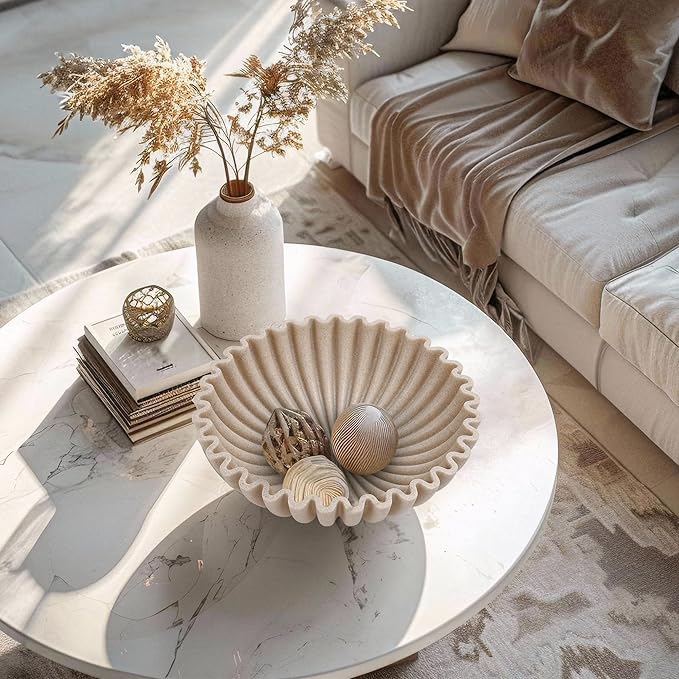 Large Decorative Bowl, Modern Handicraft Bowls for Home Decor, Decorative Fruit Bowl for Kitchen Counter, Ruffle Decor, Stylish Key Bowl for Entry Table, Artificial Stone Beige-Ruum Studio Home