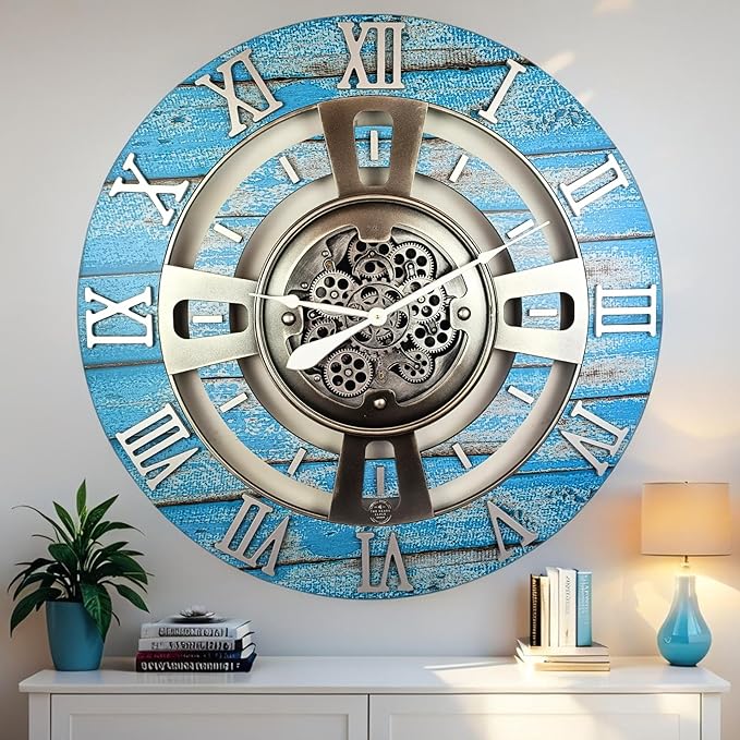 The Gears Clock Real Moving Gear Wall Clock England Line (Ocean Blue, 36 inches (90 cm))-Ruum Studio Home