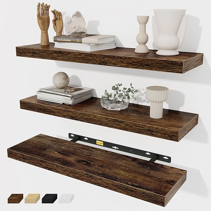 Fun Memories Floating Shelves Wall Shelf 24 inches Long, Farmhouse Bathroom Shelves Bedroom Kitchen Living Room Shelf Wall Mounted, 24 x 6.7 x 1.4 inch Set of 3, Rustic Brown-Ruum Studio Home