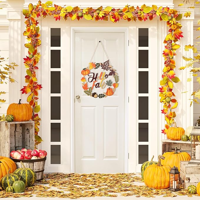 Fall Decoration Hello Fall Wreaths for Front Door, Wooden Welcome Maple Leaf Pumpkin Door Sign Ornament, Wood Farmhouse Wooden Hanging for Autumn Harvest Home Halloween Decoration-Ruum Studio Home