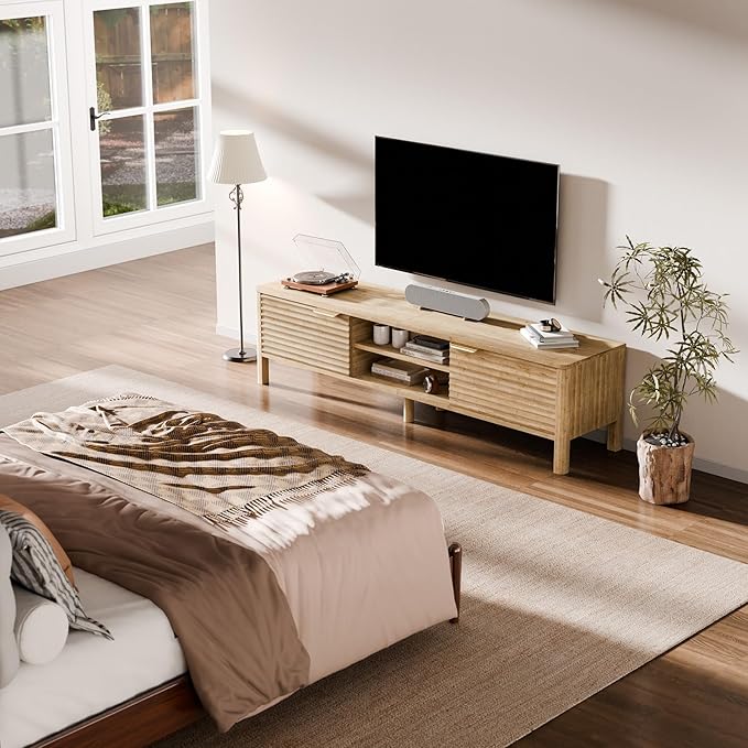 TV Stand for Living Room - up to 65 Inch TVs Mid Century Modern Entertainment Center with Storage and Adjustable Shelves, Media Console Table Oak 59"-Ruum Studio Home