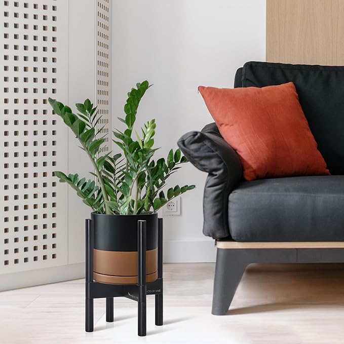 D'vine Dev Ceramic Planter with Ebony Stand - 8 Inch Modern Round Flower Pot with Wood Planter Holder, Black/Speckled Tan, 55-B-M-7-Ruum Studio Home