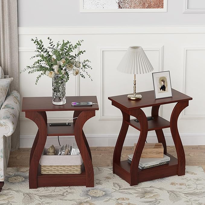End Tables Living Room Set of 2,Cherry End Table with Charging Station,Side Table, Nightstand for Bedroom, 3 Tier End Table with Storage Shelf for Living Room(Cherry)-Ruum Studio Home
