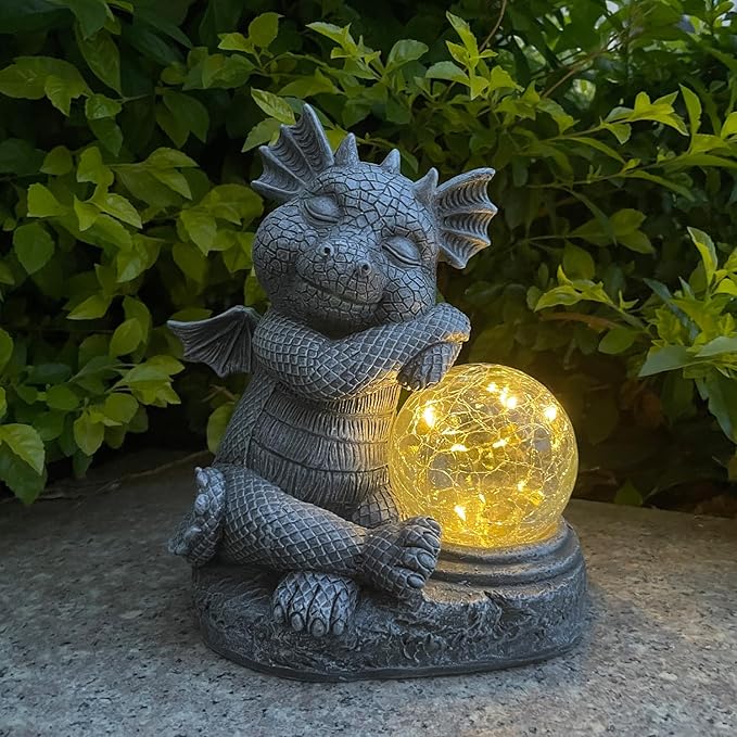 Garden Dragon Figurine Solar Powered Outdoor Cute Dragon with Hold Glowing Glass Ball Resin Sculpture for Porch Patio Lawn Farm Yard Home Decoration Gift for Women Housewarming-Ruum Studio Home