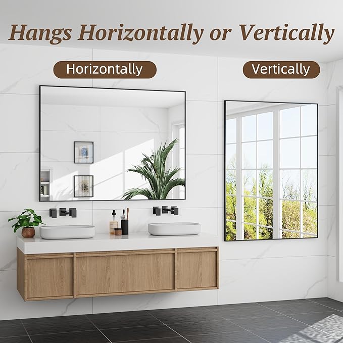 Bathroom Mirror 48" x 36", Large Rectangle Wall Mirror, Black Metal Frame Wall Mounted Mirrors for Bathroom, Vanity, Bedroom, Entryway Decor(Horizontal/Vertical)-Ruum Studio Home