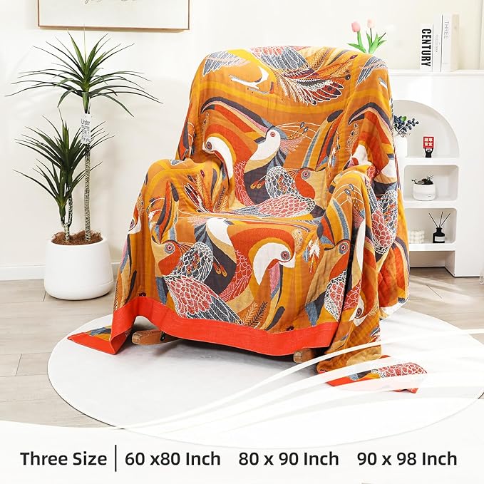 Boho Large Throw Blanket, 100% Organic Cotton Breathable Soft Bed Throw - Floral Bird Farmhouse Decor Blanket for Sofa Couch Chair Quilt and Gift. 60" x 80"- Colorful-Ruum Studio Home