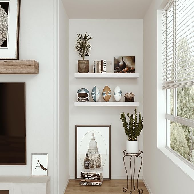 Floating Shelves for Wall 24 inchs Long, 9.1” deep x 1.5” Wall Shelf for Bedroom, Bathroom, Living Room, Kitchen, Office Home Decor, Deep Wood Shelves with Invisible Brackets, Set of 2 White-Ruum Studio Home