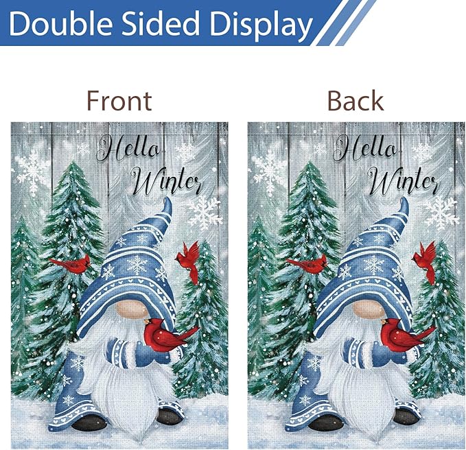 Hello Winter Gnome Garden Flag 12x18 Double Sided Burlap Cardinals Snowflakes Snow Yard Flags for Christmas Seasonal Outside Outdoor House Decoration (ONLY FLAG)-Ruum Studio Home