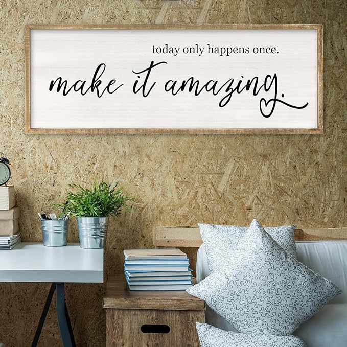 Today Only Happens Once Make It Amazing Wall Art Decor 32x12 Inch Large Inspirational Quote Sign Rustic Living Room Vintage Wood Frame Office Motivational Home Wall Hanging (Wood)-Ruum Studio Home
