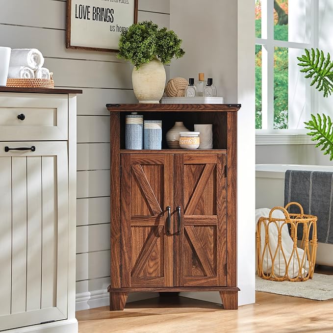 Corner Bathroom Cabinet, Farmhouse Small Cabinet with Barn Door & Adjustable Shelf, Storage Cabinets for Bathroom, Kitchen & Living Room, Brown-Ruum Studio Home