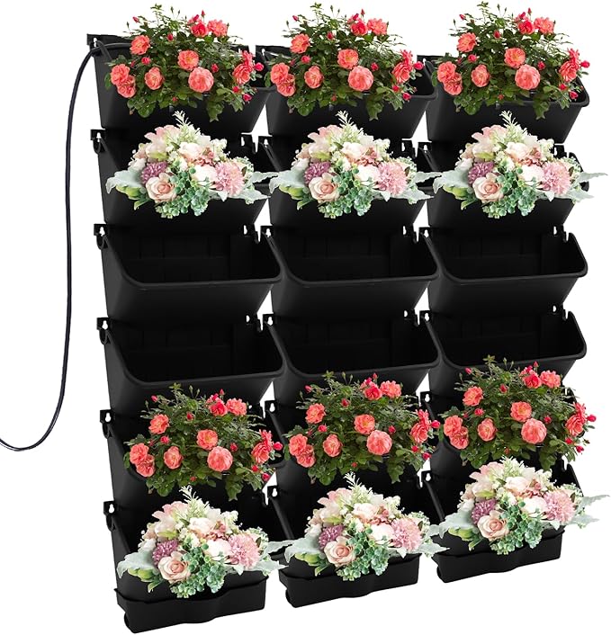 18 Pots Self-Watering Wall-Mounted Planter, 39.4”L x 39.4”H Vertical Wall Planter Self Watering Stackable Planters Vertical Garden Wall Garden Planter Outdoor Indoor for Herbs Flowers Strawberries-Ruum Studio Home