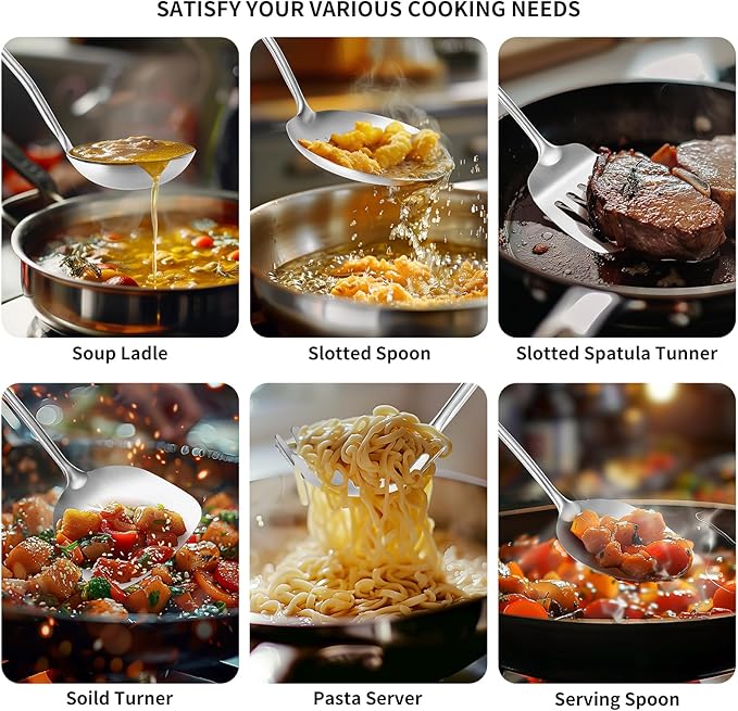 304 Stainless Steel Cooking Utensil,Kitchen Kitchen Utensil with Spatula, Solid Spoon, Ladle, Skimmer, Spaghetti Spoon, 6 Piece Set, Dishwasher Safe-Ruum Studio Home