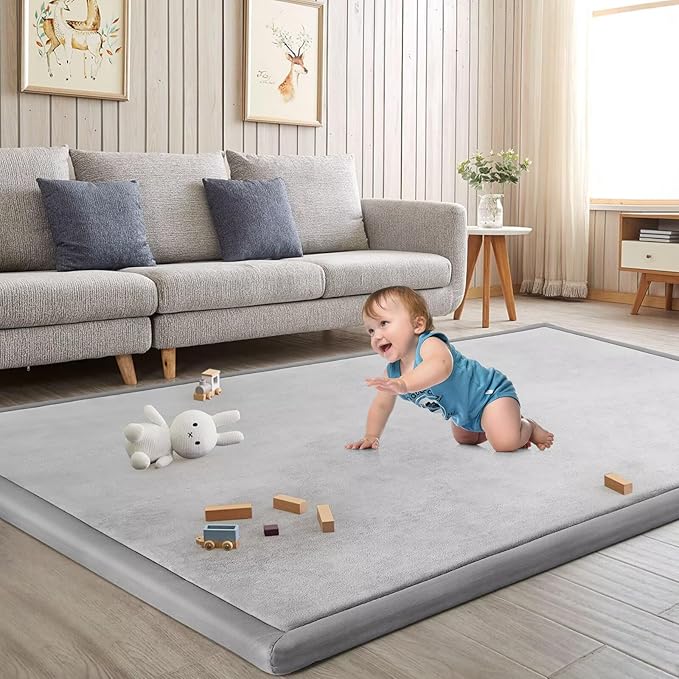 Baby Play Mat for Floor Tummy Time Mat Nursery Rug Muscle Mat Area Rug Playroom Rug Tatami Mat 6'7"x5'11" Memory Foam 1.3" Thick Crawling Mat for Babies,Toddlers, Infants, Kids(Light Gray)-Ruum Studio Home