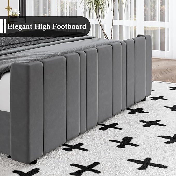 HOMBCK Full Bed Frame with Headboard, Upholstered Platform Bed Full Size with Velvet Headboard & Footboard/Vertical Channel Tufted/Wooden Slats/Noise Free/No Box Spring Needed/Easy Assembly, Grey-Ruum Studio Home