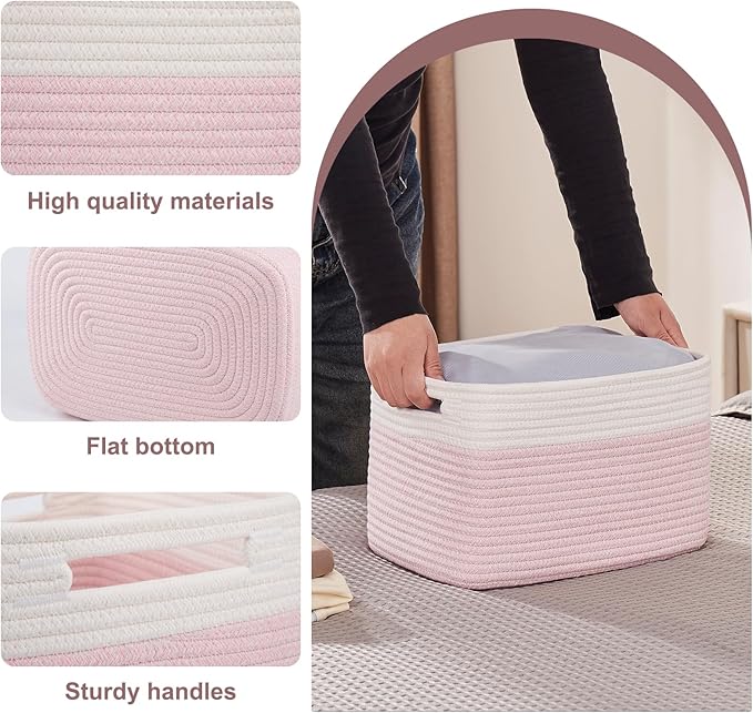 OIAHOMY 4 Pack Storage Baskets for Organizing, Basket for Shelves with Handle, Woven Baskets for Storage Toys, Towels, Books, Cotton Rope Basket 13" L x 9 " W x 7.8 " H, Pink & White-Ruum Studio Home