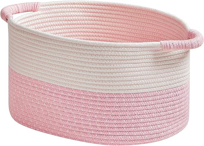 Storage Baskets for Organizing | 15"x10.2"x9.1" - 1 Pack Nursery Bin with Handles - Woven Cotton Rope Baskets for Dog Toys, Books, Shelf, Bathroom,Closet -Pink Basket for Girls-Ruum Studio Home