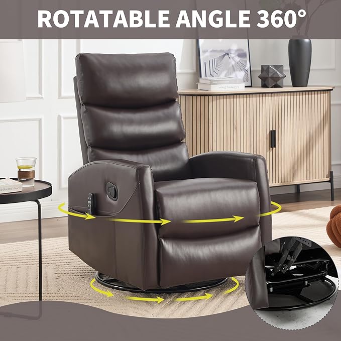 Manual Swivel Rocker Recliner Chair for Adults, Overstuffed Reclining Glider Chair for Nursing with Vibration Massage & Heat, Living Room Rocking Recliner 3-Stage backrest, Faux Leather Brown-Ruum Studio Home