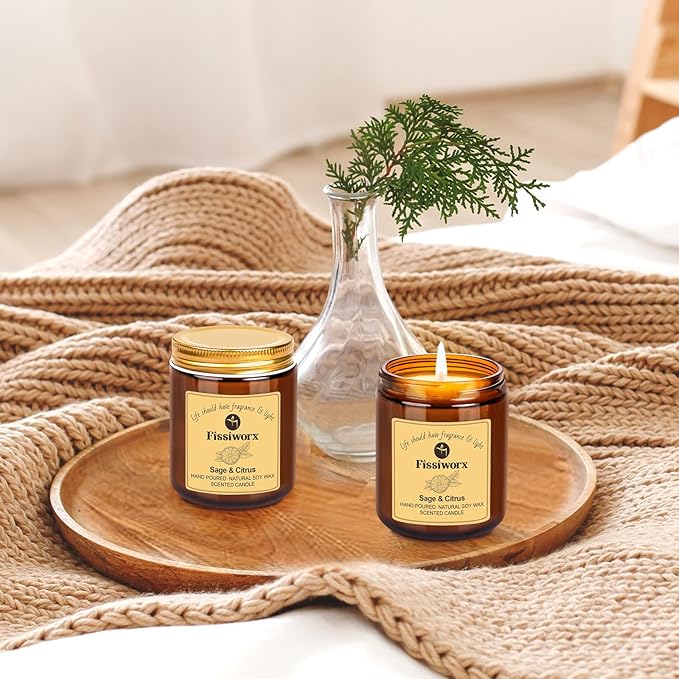 Sage & Citrus Scented Candle Set 2 Pack – Natural Soy Wax Hand-Poured – 60 Hour Long Lasting Burn – Relax and Relieve Stress – Premium Aromatherapy Candle for Home Decor, Gifts-Ruum Studio Home