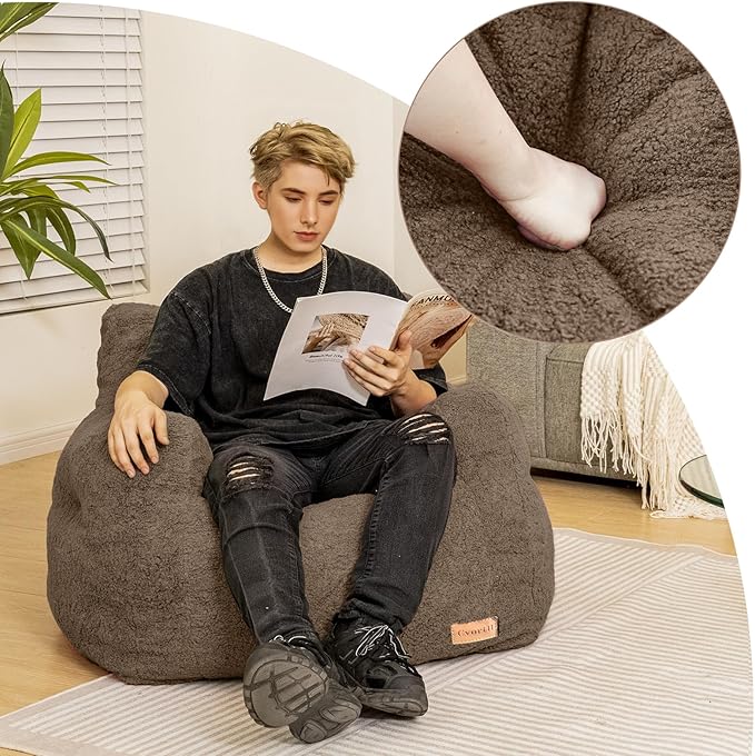 Bean Bag Chair with Filler, Bean Bag Sofa with Tufted Soft Stuffed Filling, Fluffy and Lazy Sofa, Comfy Cozy BeanBag Chairs with Memory Foam for Dorm, Apartment, Living Room (Brown)-Ruum Studio Home