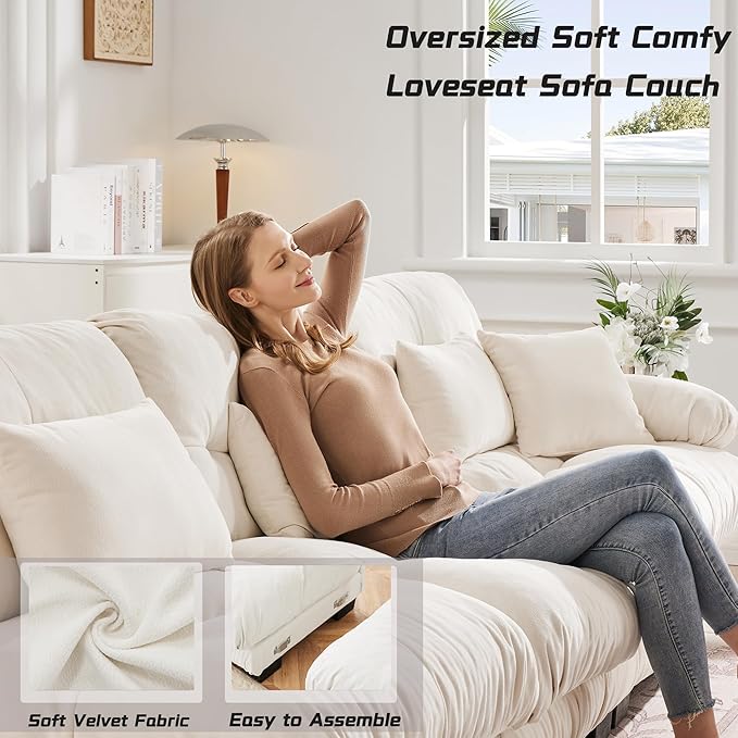 Loveseat Modular Sectional Sofa, U Shaped Couch with Ottoman, Cloud Couch Sectional Couch Home Sofa Living Room Oversized Couch Deep Seat Couch with Round Bolster Armrests 4 Pillows(White)-Ruum Studio Home